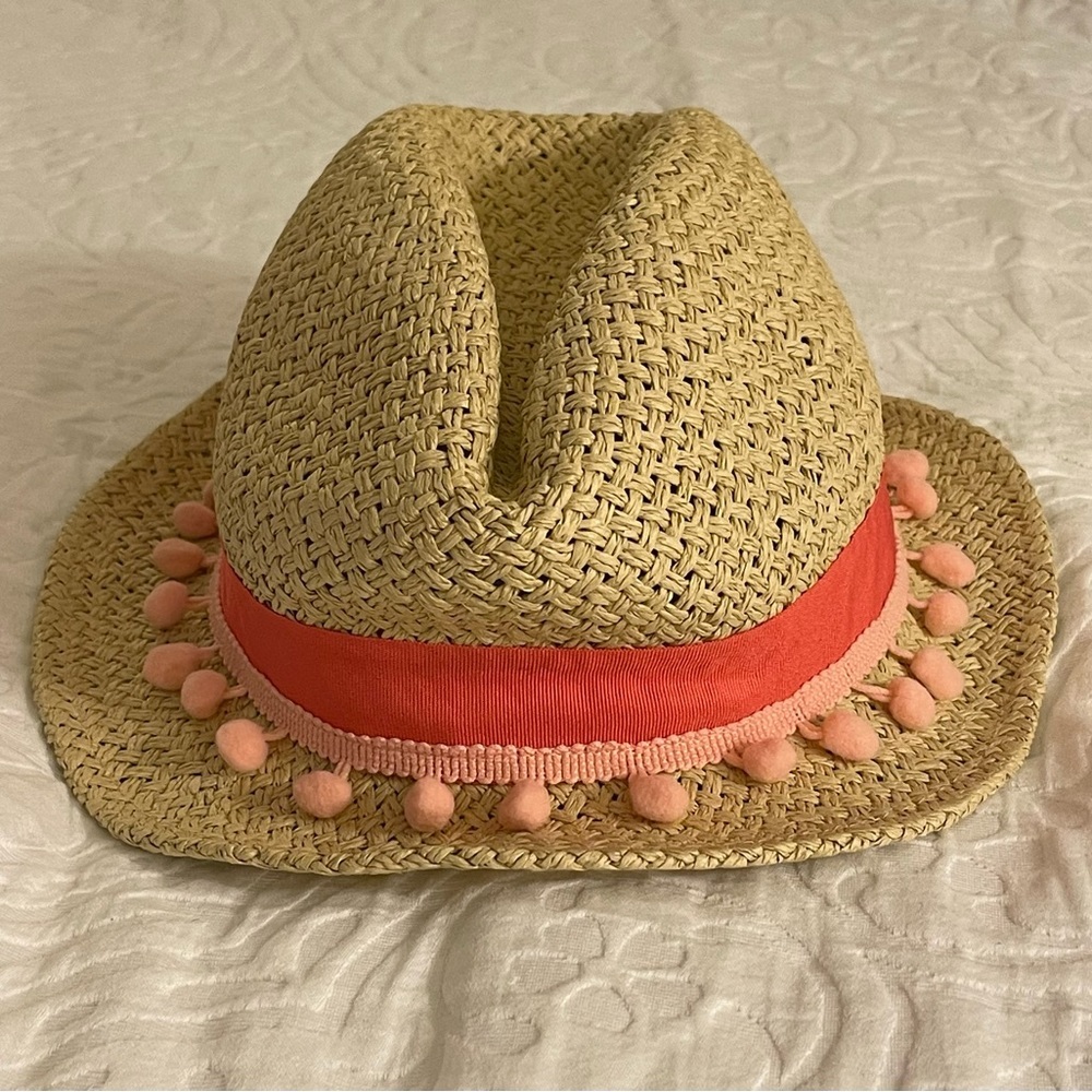 Quagga Straw Fedora Hat with Orange Stripe And Pom Poms NWT